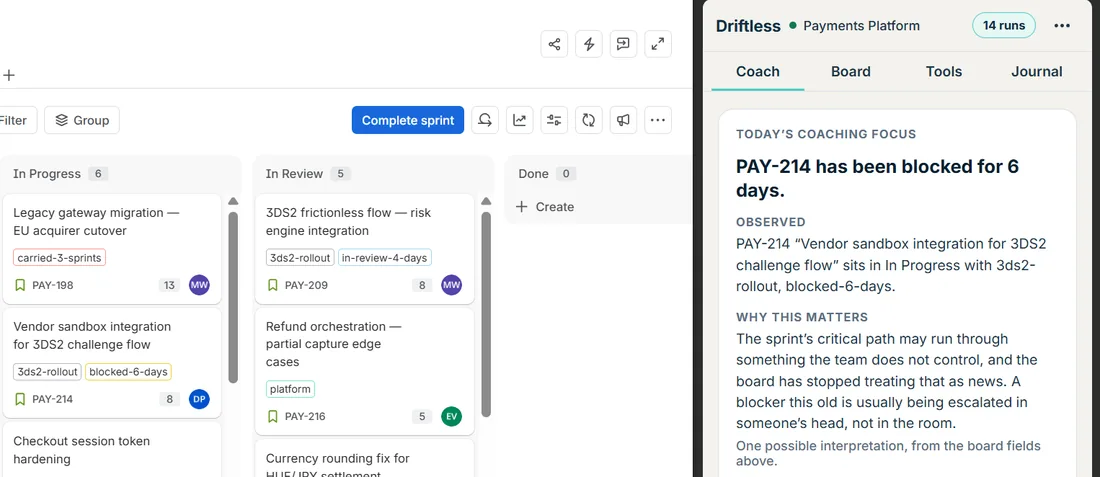 Driftless side panel on a Jira board: Today's coaching focus — PAY-214 has been blocked for 6 days.