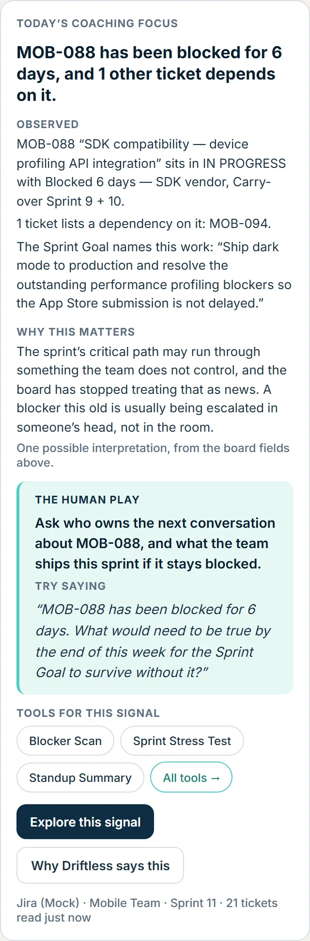 A coaching output with the Observed and Why this matters labels