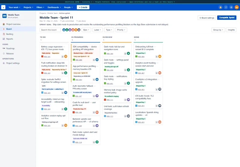 A Jira sprint board, Mobile Team Sprint 11