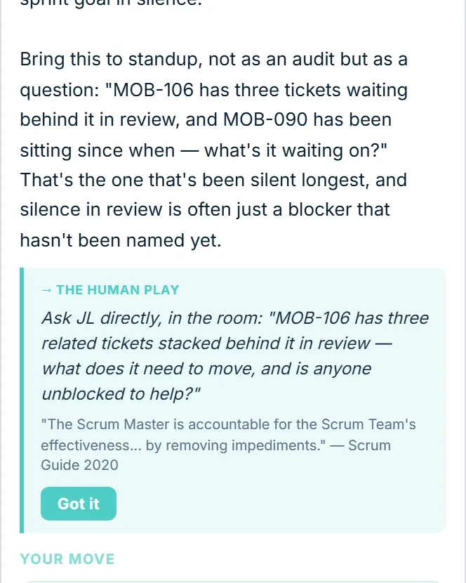 Blocker Diagnostics output ending with The Human Play and a Scrum Guide citation