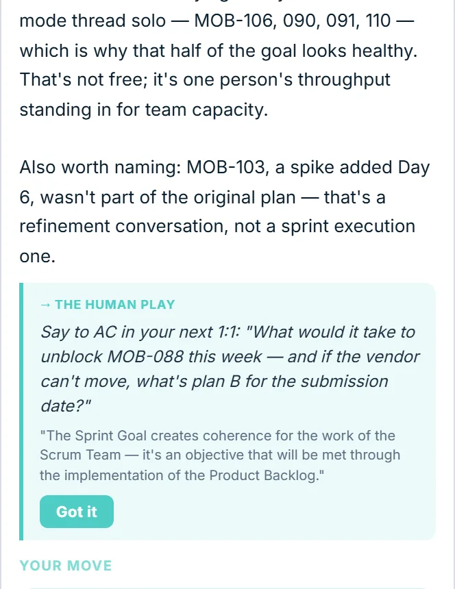 People Pattern Coaching output ending with The Human Play and a Scrum Guide citation