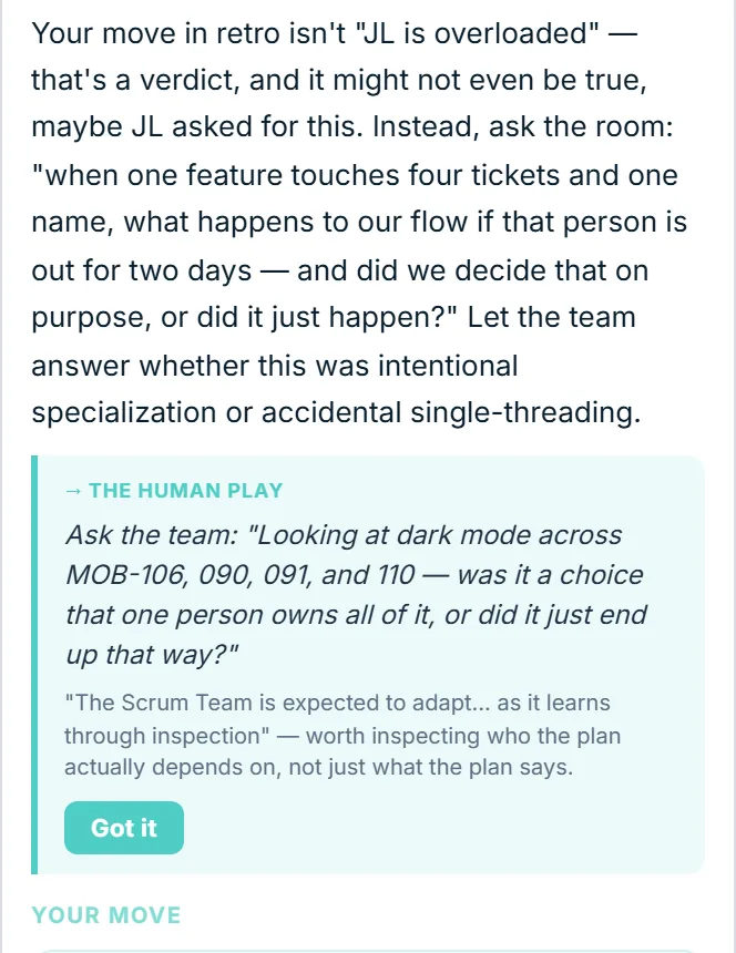 Silent Killer Finder output ending with The Human Play and a Scrum Guide citation