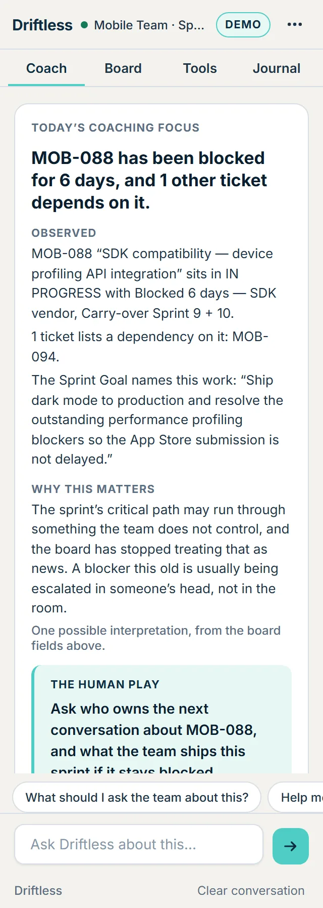 The Driftless Coach tab reading the Mobile Team Sprint 11 board