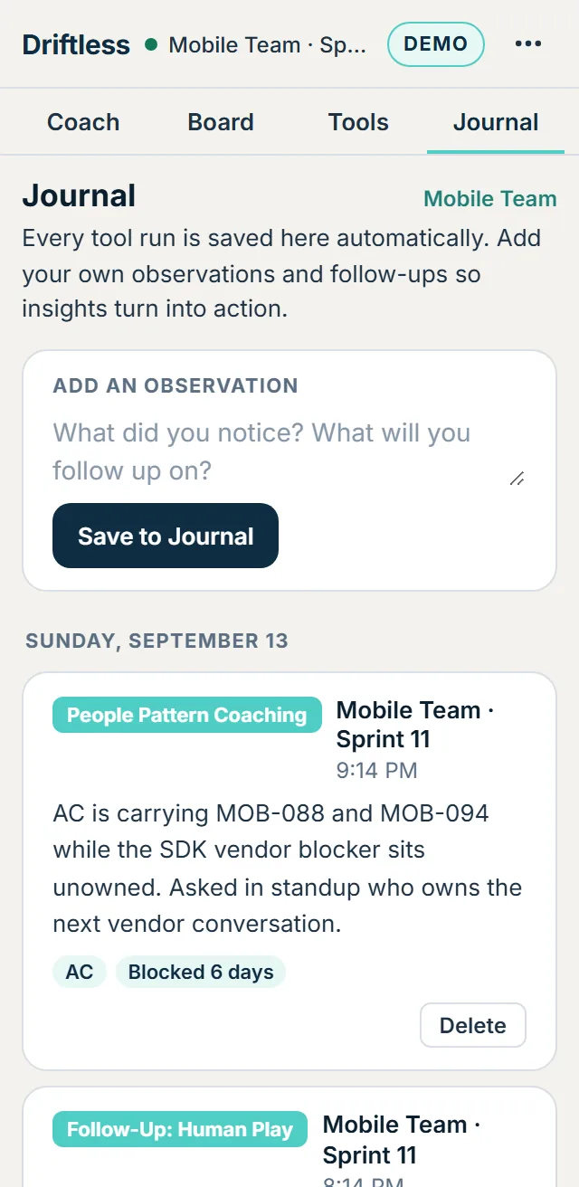 The Journal tab with a saved People Pattern Coaching entry