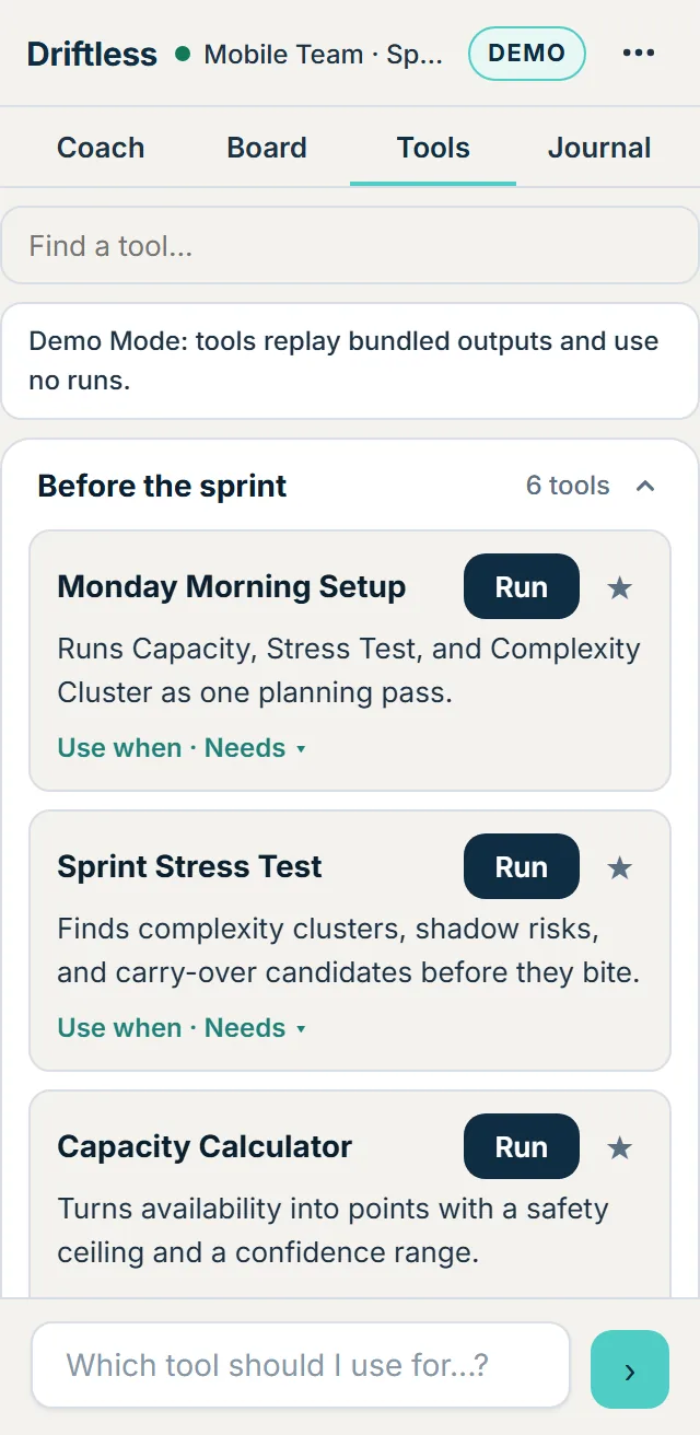 The Tools tab, grouped: Before the sprint, During the sprint, With the team
